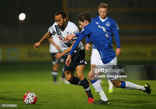 Andros Townsend of Spurs U21s is challenged by Matty Foulds of Everton U21s during the Barclays U21 Premier League match between Everton U21 and...