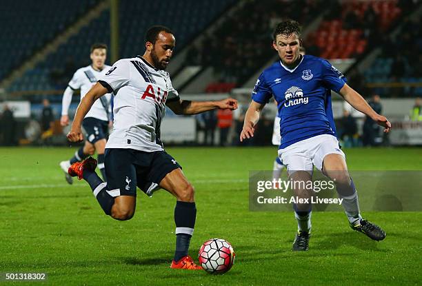 Andros Townsend of Spurs U21s is closed down by Mason Holgate of Everton U21s during the Barclays U21 Premier League match between Everton U21 and...