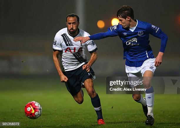 Andros Townsend of Spurs U21s is challenged by Matty Foulds of Everton U21s during the Barclays U21 Premier League match between Everton U21 and...