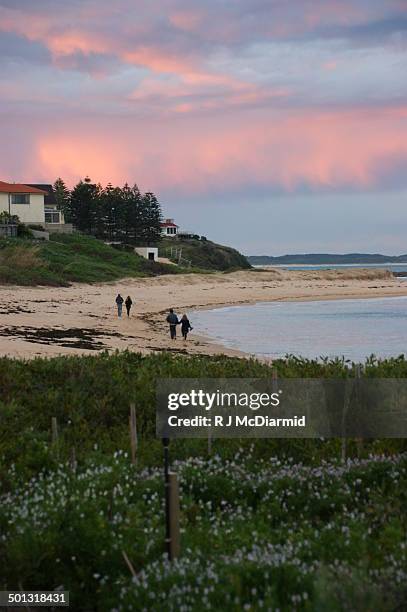 couples along the beach at sunset - toowoon bay stock pictures, royalty-free photos & images