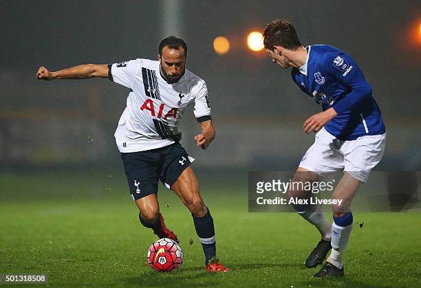 Andros Townsend of Spurs U21s is challenged by Matty Foulds of Everton U21s during the Barclays U21 Premier League match between Everton U21 and...