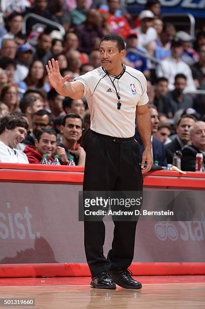Referee, Bill Kennedy calls a fould in Game Five of the Western Conference Quarterfinals, San Antonio Spurs against the Los Angeles Clippers during...