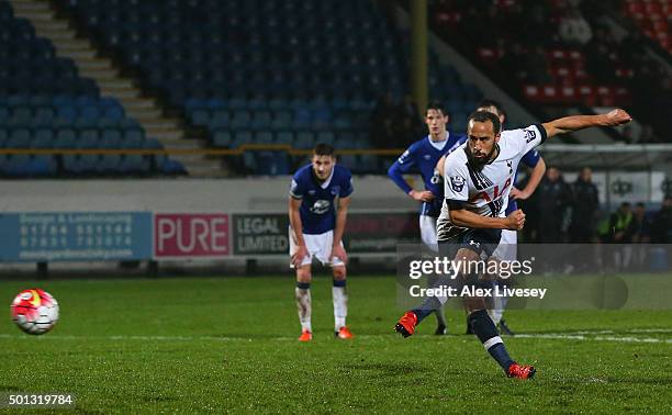 Andros Townsend of Spurs U21s scores a goal from the penalty spot during the Barclays U21 Premier League match between Everton U21 and Tottenham...