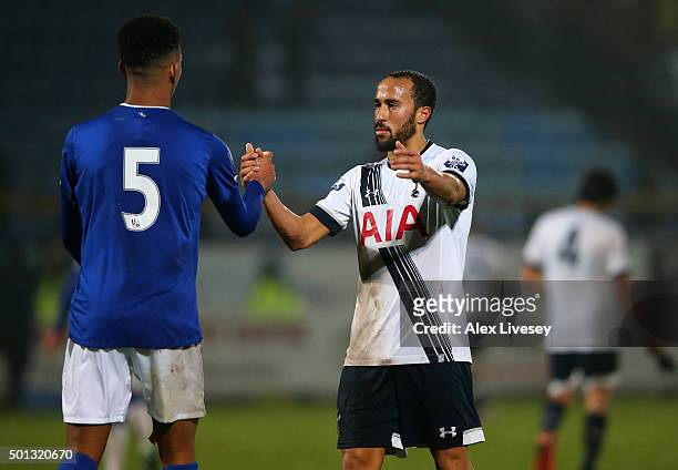 Andros Townsend of Spurs U21s shakes hands with Jordan Thorniley of Everton U21s following the final whistle during the Barclays U21 Premier League...