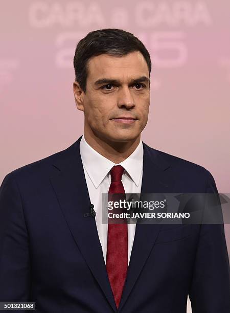 Spanish Socialist Party leader and candidate in the December 20 general elections, Pedro Sanchez poses before a face to face TV debate at Pozuelo de...