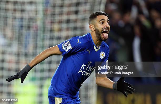Riyad Mahrez of Leicester City celebrates after scoring to make it 2-0 during the Barclays Premier League match between Leicester City and Chelsea at...