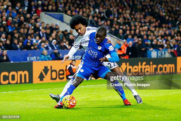 Golo Kante of Leicester City in action with Willian of Chelsea during the Barclays Premier League match between Leicester City and Chelsea at the...