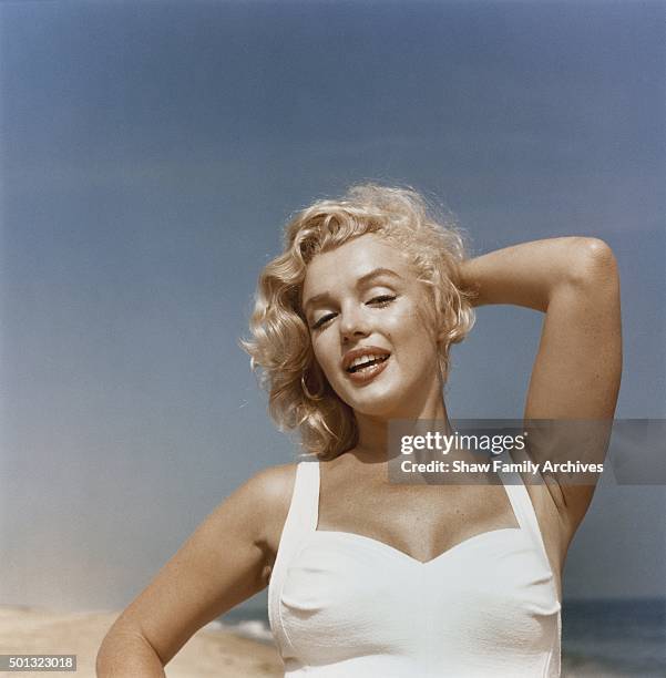 Marilyn Monroe on the beach in 1957 in Amagansett, New York.