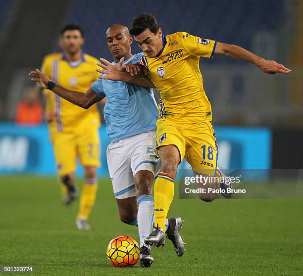 Lazaros Christodoulopoulos of UC Sampdoria competes for the ball with Abdoulay Konko of SS Lazio during the Serie A match betweeen SS Lazio and UC...