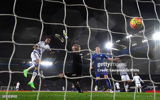 Loic Remy of Chelsea scores a goal past the outstretched Kasper Schmeichel of Leicester City during the Barclays Premier League match between...