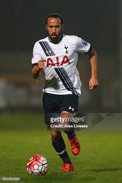 Andros Townsend of Spurs U21s runs with the ball during the Barclays U21 Premier League match between Everton U21 and Tottenham Hotspur U21 at...
