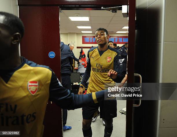 Jeff Reine-Adelaide of Arsenal in the changingroom before match between West Ham United U21 and Arsenal U21 at Boleyn Ground on December 14, 2015 in...