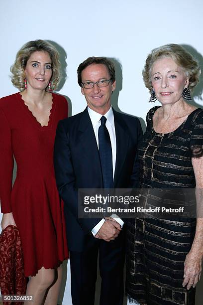 Thaddaeus Ropac standing between Ariane Dandois and her daughter Ondine de Rothschild attend the Anselm Kiefer's Exhibition : Press Preview, held at...