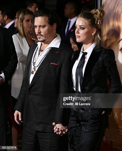 Johnny Depp and Amber Heard attend the premiere of Focus Features' 'The Danish Girl' at Westwood Village Theatre on November 21, 2015 in Westwood,...