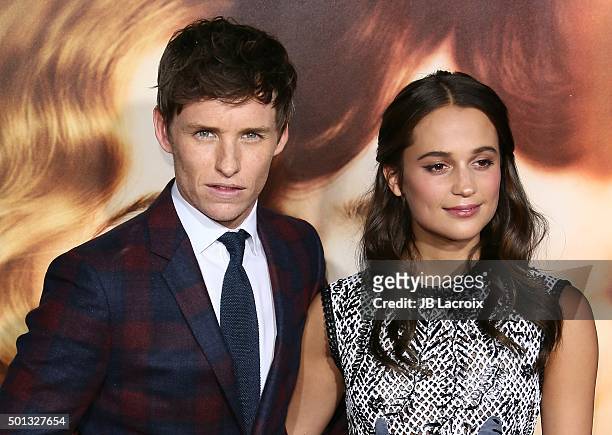 Eddie Redmayne and Alicia Vikander attend the premiere of Focus Features' 'The Danish Girl' at Westwood Village Theatre on November 21, 2015 in...