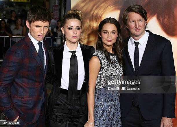 Amber Heard, Eddie Redmayne and Alicia Vikander attend the premiere of Focus Features' 'The Danish Girl' at Westwood Village Theatre on November 21,...