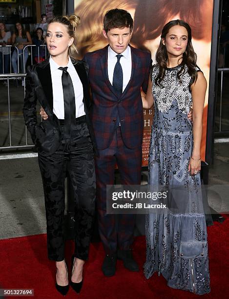 Amber Heard, Eddie Redmayne and Alicia Vikander attend the premiere of Focus Features' 'The Danish Girl' at Westwood Village Theatre on November 21,...