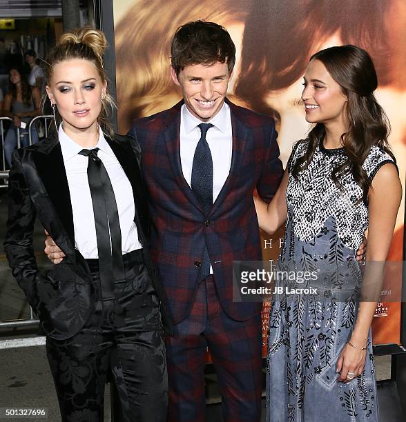Amber Heard, Eddie Redmayne and Alicia Vikander attend the premiere of Focus Features' 'The Danish Girl' at Westwood Village Theatre on November 21,...