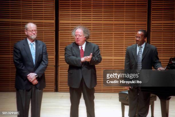 James Levine leading the Met Chamber Ensemble at Zankel Hall on Sunday night, February 22, 2004.This image:From left, Charles Wuorinen, James Levine...