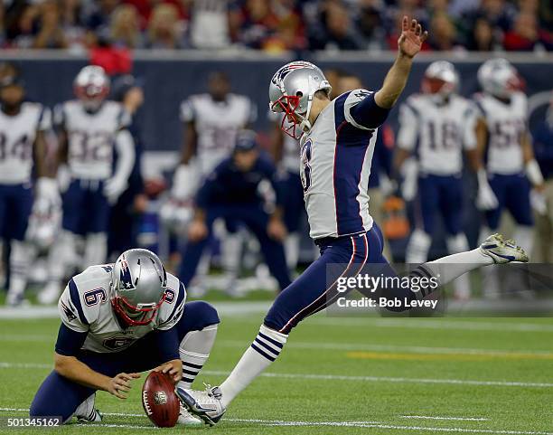 Stephen Gostkowski of the New England Patriots connects on a field goal out of the hold of Ryan Allen against the Houston Texans at NRG Stadium on...