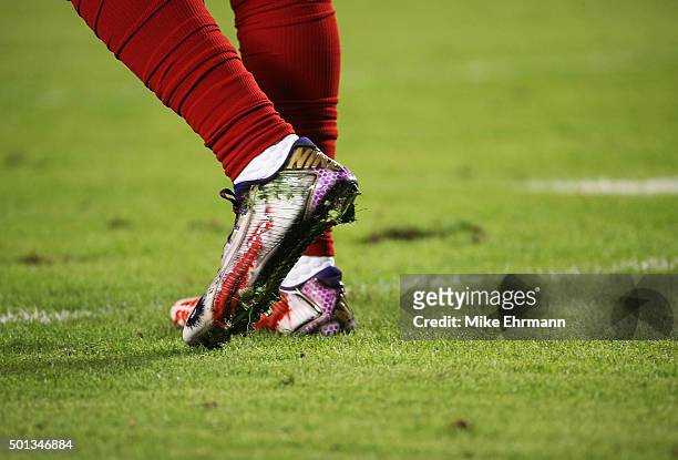 Detailed view of the cleats worn by Odell Beckham of the New York Giants before the game against the Miami Dolphins at Sun Life Stadium on December...