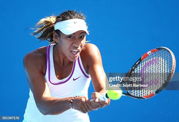 Destanee Aiava of Victoria plays a backhand during her 2016 Australian Open Women's Singles Play Off match against Olivia Tjandramulia of Queensland...