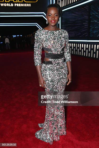 Actress Lupita Nyong'o attends Premiere of Walt Disney Pictures and Lucasfilm's "Star Wars: The Force Awakens" on December 14, 2015 in Hollywood,...