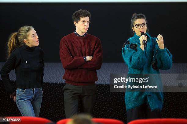 French actors Daisy Broom, Finnegan Oldfield and director Eva Husson address the audience after the screening of the film "Gang Bang" during 7th "Les...
