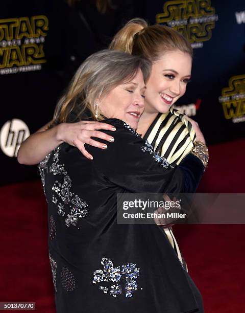 Actresses Carrie Fisher and Billie Lourd attend the Premiere of Walt Disney Pictures and Lucasfilm's "Star Wars: The Force Awakens" at the Dolby...