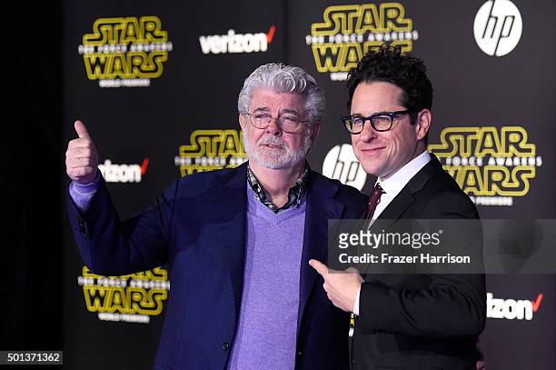 Filmmaker George Lucas and writer-director J.J. Abrams attend the Premiere of Walt Disney Pictures and Lucasfilm's "Star Wars: The Force Awakens" on...