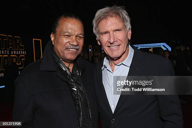 Actors Billy Dee Williams and Harrison Ford attend the Premiere of Walt Disney Pictures and Lucasfilm's "Star Wars: The Force Awakens" on December...
