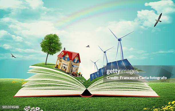 ilustraciones, imágenes clip art, dibujos animados e iconos de stock de book of the future energy - windmill books