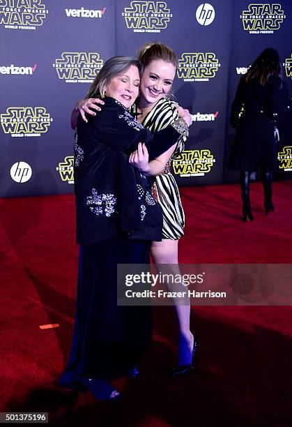 Actresses Carrie Fisher and Billie Lourd attend the Premiere of Walt Disney Pictures and Lucasfilm's "Star Wars: The Force Awakens" on December 14,...