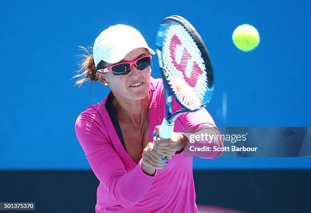 Arina Rodionova of Victoria plays a backhand during her 2016 Australian Open Women's Singles Play Off match against Angelique Svinos of New South...