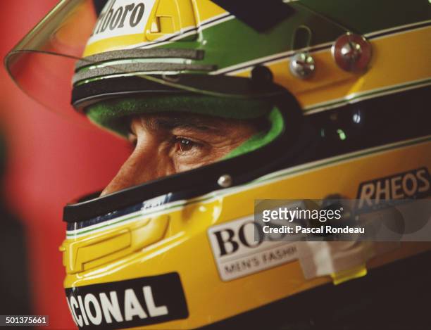 Ayrton Senna of Brazil, driver of the Honda Marlboro McLaren McLaren MP4/6 Honda RA121E V10 during practice for the San Marino Grand Prix on 27th...