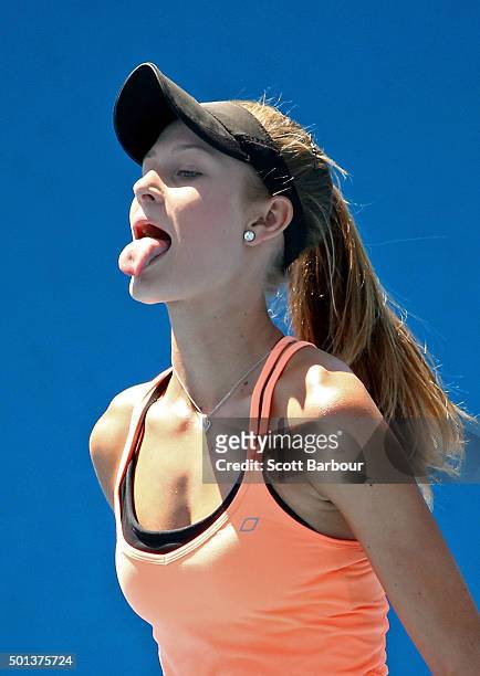 Kaylah McPhee of Queensland reacts during her 2016 Australian Open Women's Singles Play Off match against Olivia Rogowska of Victoria at Melbourne...