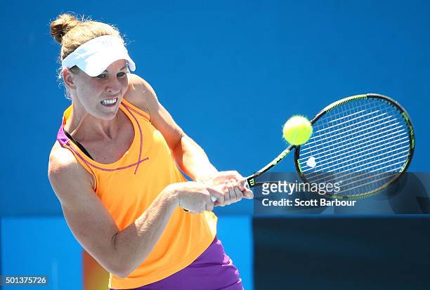 Olivia Rogowska of Victoria plays a backhand during her 2016 Australian Open Women's Singles Play Off match against Kaylah McPhee of Queensland at...