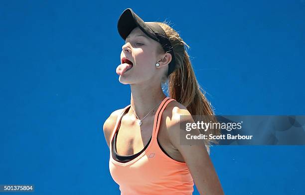 Kaylah McPhee of Queensland reacts during her 2016 Australian Open Women's Singles Play Off match against Olivia Rogowska of Victoria at Melbourne...