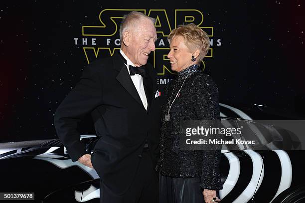 Actor Max von Sydow and producer Catherine Brelet arrive at the premiere of Walt Disney Pictures' and Lucasfilm's "Star Wars: The Force Awakens",...