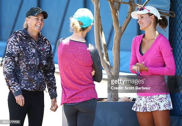 Arina Rodionova of Victoria speaks to her coaches Louise Pleming and Cara Black after winning her 2016 Australian Open Women's Singles Play Off match...