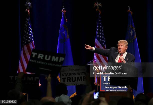 Republican presidential candidate Donald Trump speaks during a campaign rally at the Westgate Las Vegas Resort & Casino on December 14, 2015 in Las...