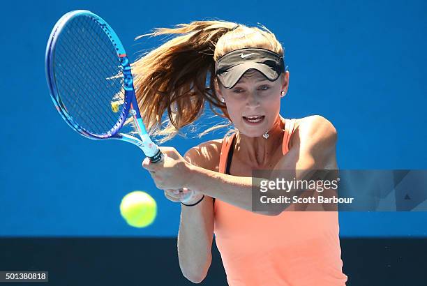 Kaylah McPhee of Queensland plays a backhand during her 2016 Australian Open Women's Singles Play Off match against Olivia Rogowska of Victoria at...