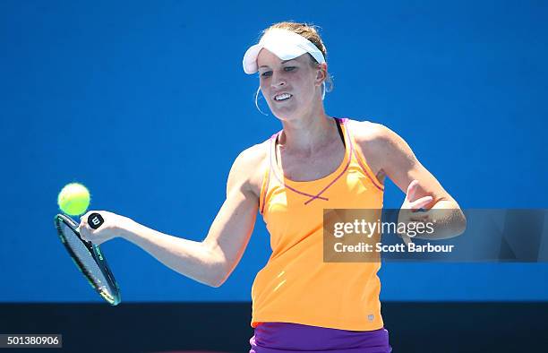 Olivia Rogowska of Victoria plays a forehand during her 2016 Australian Open Women's Singles Play Off match against Kaylah McPhee of Queensland at...