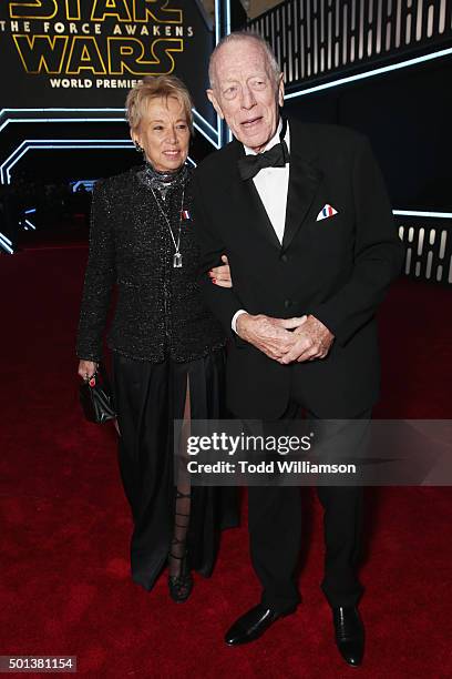 Producer Catherine Brelet and actor Max von Sydow attend the Premiere of Walt Disney Pictures and Lucasfilm's "Star Wars: The Force Awakens" on...