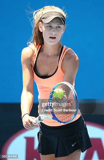Kaylah McPhee of Queensland serves during her 2016 Australian Open Women's Singles Play Off match against Olivia Rogowska of Victoria at Melbourne...