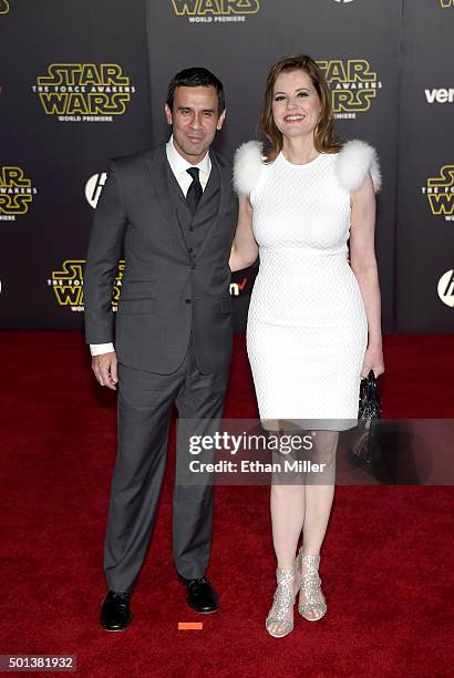 Reza Jarrahy and Geena Davis attend the premiere of Walt Disney Pictures and Lucasfilm's "Star Wars: The Force Awakens" at the Dolby Theatre on...
