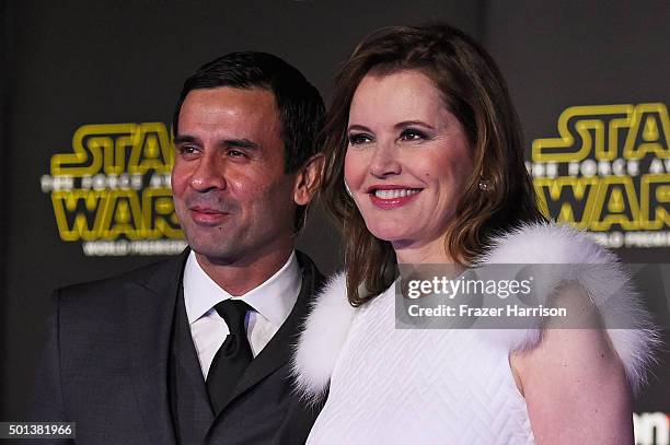 Reza Jarrahy and Geena Davis attend the premiere of Walt Disney Pictures and Lucasfilm's "Star Wars: The Force Awakens" at the Dolby Theatre on...