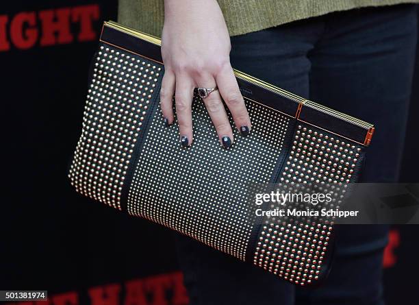 Actress Piper Perabo, purse detail, attends the The New York Premiere Of "The Hateful Eight" on December 14, 2015 in New York City.