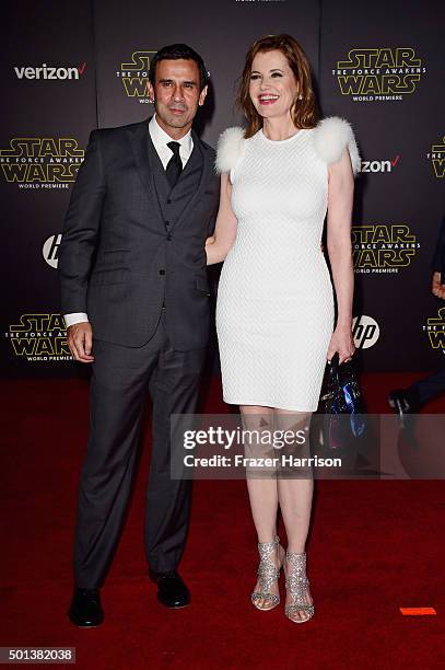 Actress Geena Davis and Reza Jarrahy attend the premiere of Walt Disney Pictures and Lucasfilm's "Star Wars: The Force Awakens" at the Dolby Theatre...