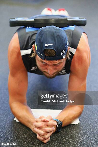 Dale Thomas of the Blues participates in a weights session during the Carlton Blues AFL pre-season training camp on December 15, 2015 in Gold Coast,...